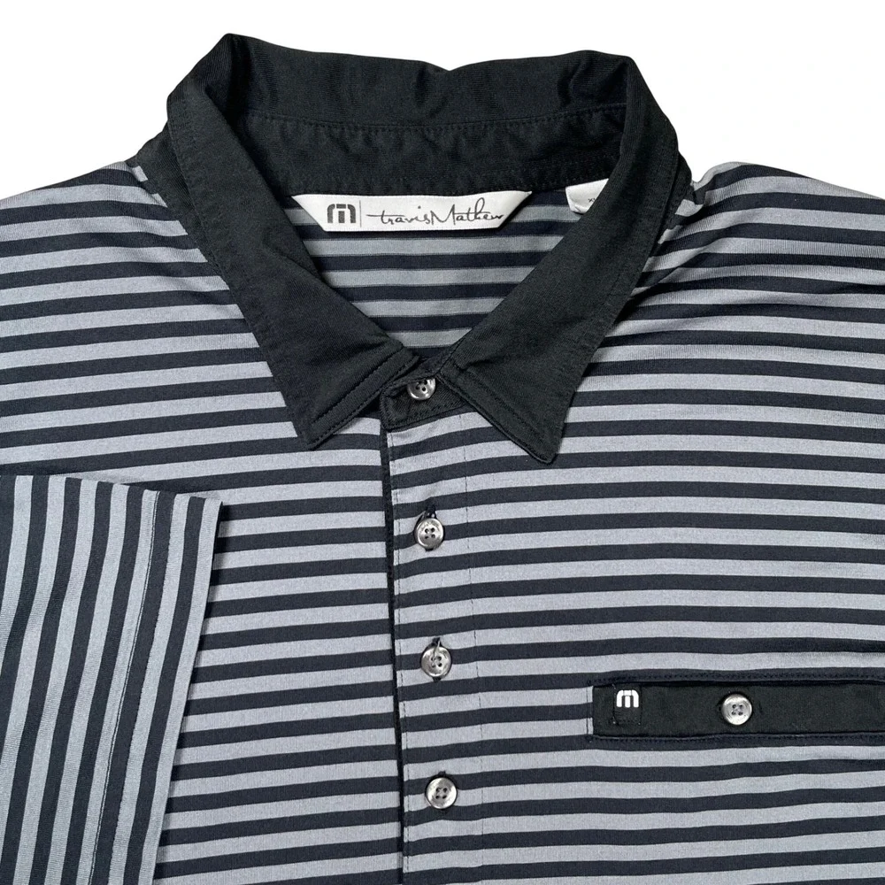 Travis Mathew Polo Shirt Men XL Black Grey Striped Short Sleeve Pima Cotton Logo